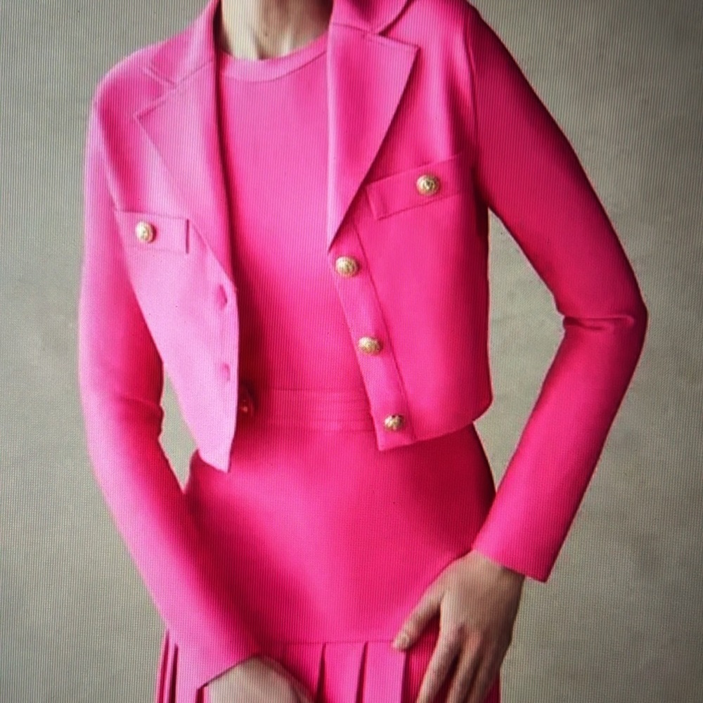 Karen Millen bandage-knit cropped jacket, fuchsia